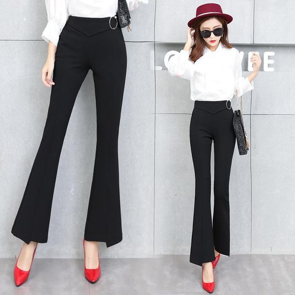 

2019 winter new korean version of the high waist was thin micro-flared pants nine points pants fishtail trousers women1, Black;white