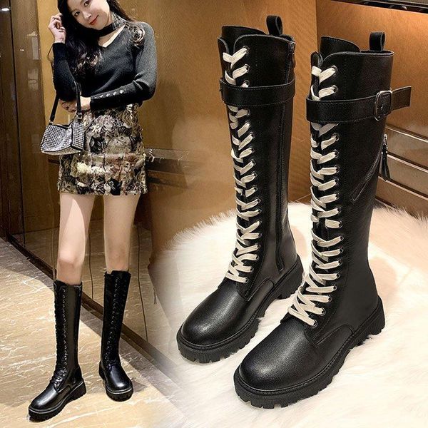 

boots round toe suede over the knee women lace up knight short plush keep warm motorcycle zapatillas mujer 2021, Black