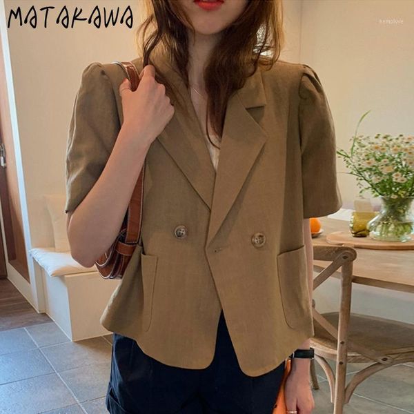 

matakawa double breasted loose jacket summer vintage turn-down collar ladies jackets puff sleeve short suit coat for women1, Black;brown