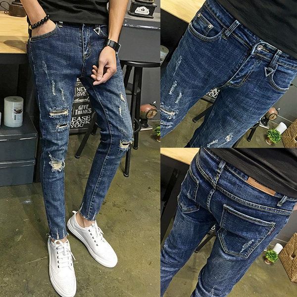 

men's jeans wholesale 2021 fashion denim pants boys small feet ripped holes cropped thin social men beggar pencil, Blue