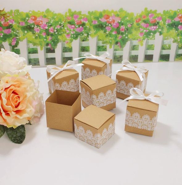 

10pcs lace bow candy dragee box flower kraft paper with ribbons birthday wedding gift box mini single cake dragee box packaging wmtbvd