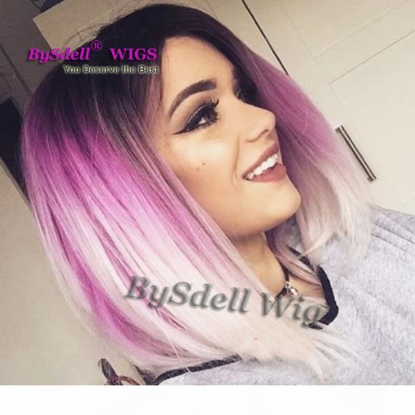 

black root ombre lilac to white color hair wig synthetic short mermaid straight hair none lace wig lace front wigs for beauty lady