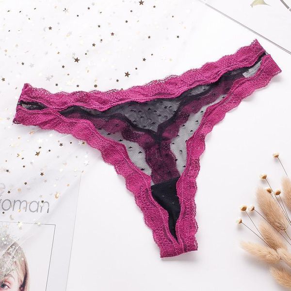 

transparent gauze spliced into color thong lace non-trace wavy lady t pants1, Black;pink