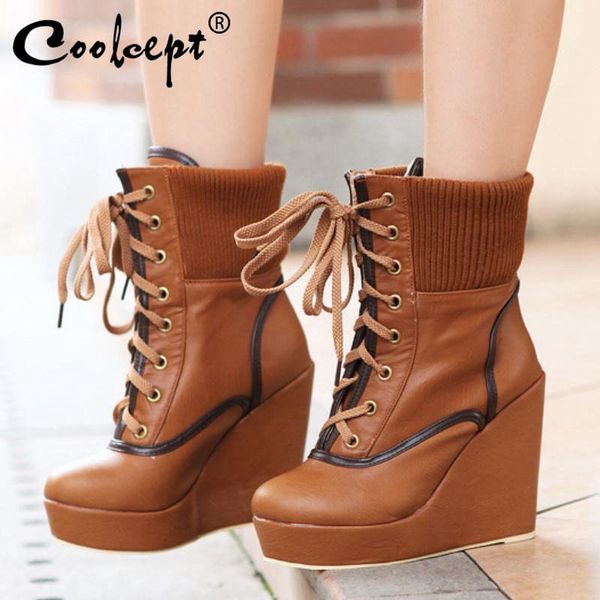 

boots coolcept ankle women wedges shoes autumn winter fashion lace up round toe casual platform footwear short size 34-43, Black