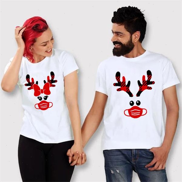 

reindeer with mask couples t shirt fashion christmas couple clothes casual o neck lovers shirts suitable all season, White