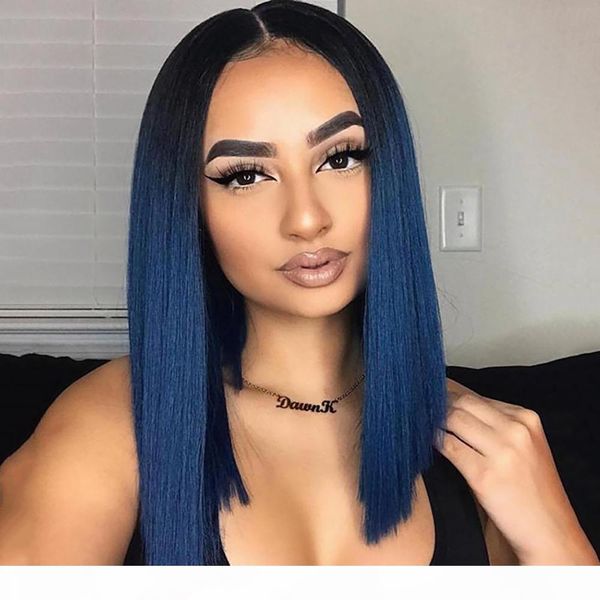 

fashion 18inch dark root ombre blue wig middle part short bob straight lace front wigs synthetic high temperature african american women wig, Black