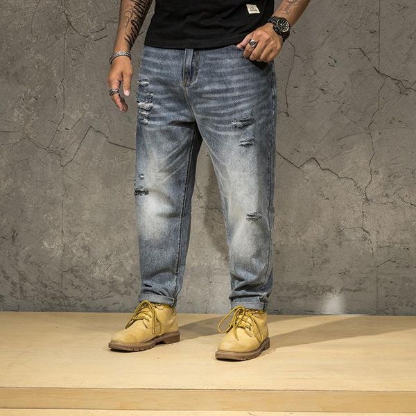 

new style european and american style cowboy trousers men's loose-fit with holes washing lard-bucket jeans men's street fashion, Blue