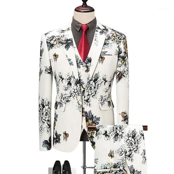 

blazers pants vest sets / fashion men's casual boutique flower floral print suit jacket coat trousers waistcoat 3 pieces suits1, White;black
