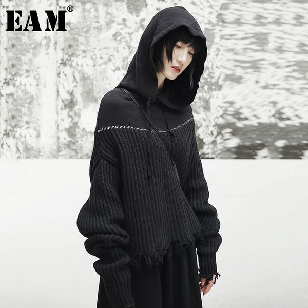 

[eam] black line split big size knitting sweater loose fit hooded long sleeve women pullovers new fashion tide spring ji508 201031, White;black