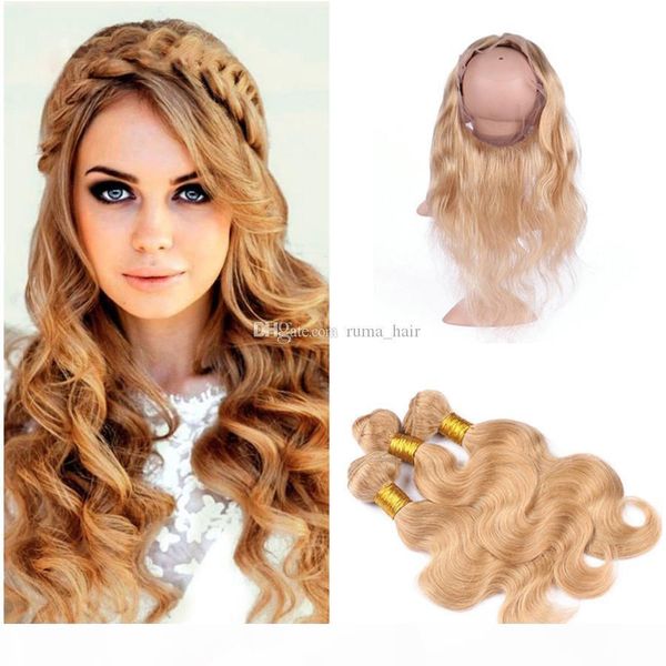 

hair honey blonde virgin hair bundles with 360 lace closure color 27 blonde body wave hair weaves with pre plucked 360 frontal, Black;brown