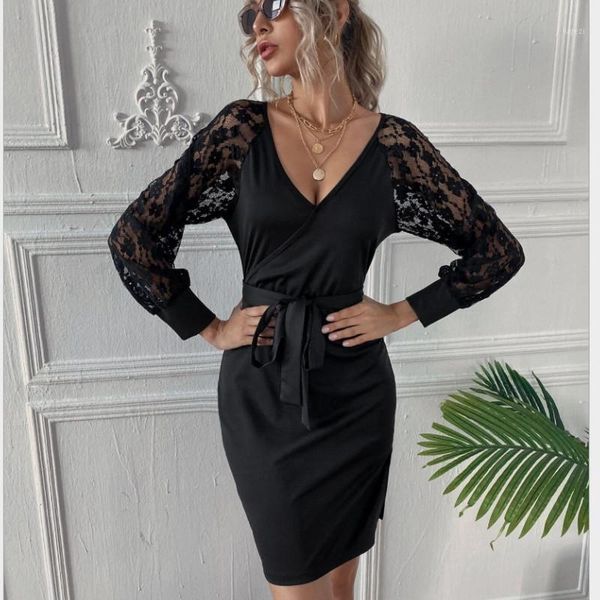 

women fall lace lantern long sleeve dresses v-neck mini black dress with belt chic ladies party bodycon elegant vestidos1, Black;gray