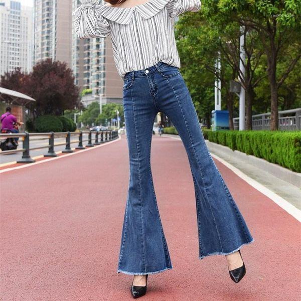 

women new fashion high waist flare jeans tassel pockets elastic skinny denim pants plus size blue casual trousers1