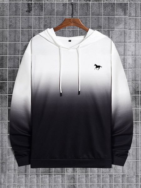 

men horse print drop shoulder ombre drawstring hoodie l4zt#, Black