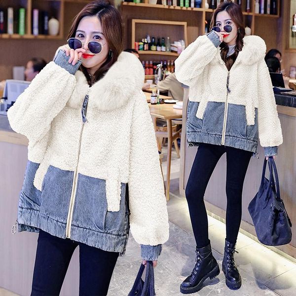 

women's down & parkas autumn winter jacket women denim lamb patchwork jeans coat large collar faux fur cotton padded slim parka, Black