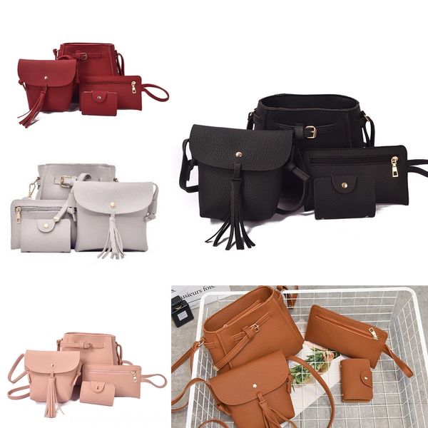 

pvl9f mother's 4-piece set shoulder korean pail tassel purse coin bag cross arm mobile coin shoulder bag new purse phone zero women&#03