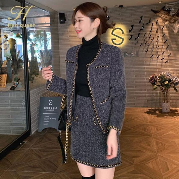 

h han queen chic woolen office lady skirt suit 2 pieces suits women winter crop & high waist sheath pencil skirt office set1, White