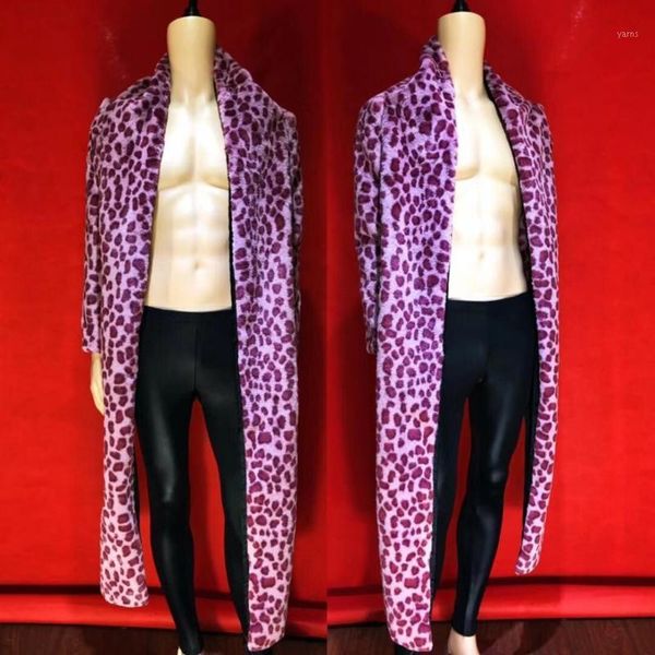 

new purple leopard fur long sleeve jacket pants men dance ds bar men singer prom winter unique costume outfit1, Black;red