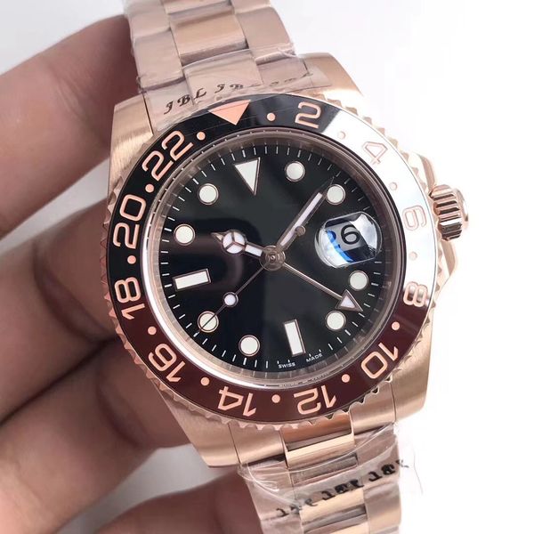 

u1 factory luxury mens watch 40mm black dial real gmt function automatic machine rose gold strap sapphire glass men waterproof watches, Slivery;brown