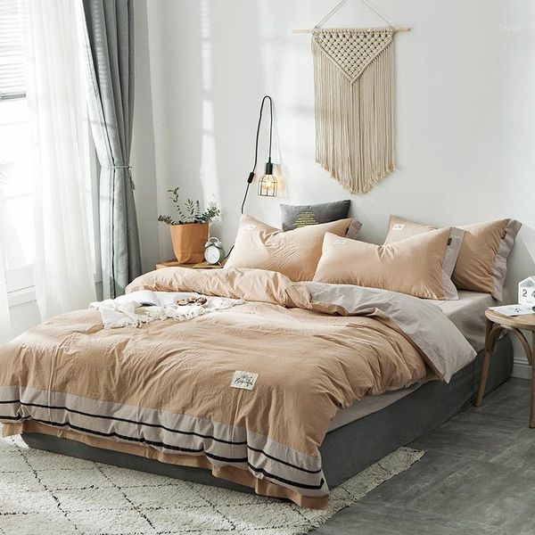 

bedding sets pure cotton modern style 3 4pcs duvet cover flat fitted bed sheet pillowcases set solid khaki brown pink blue green1
