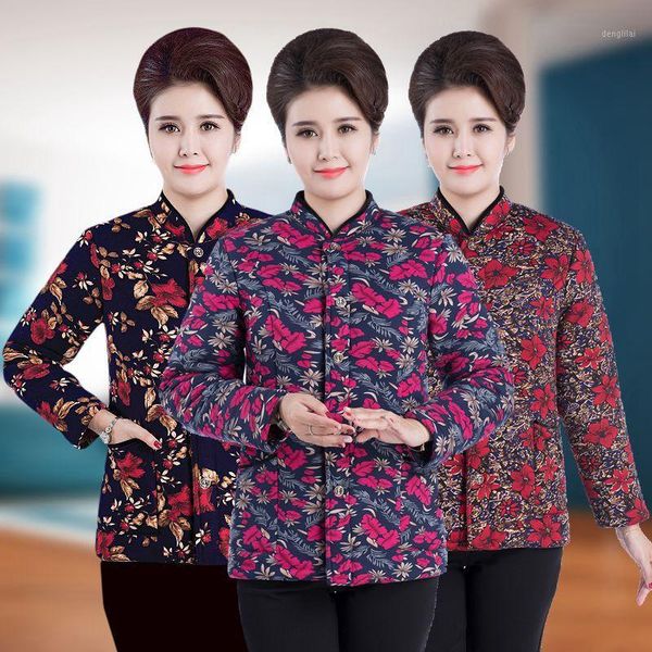 

2020 new middle-aged and elderly women plus cashmere coat winter printing cotton jacket ladies thick warm mom short parkas m1921, Black