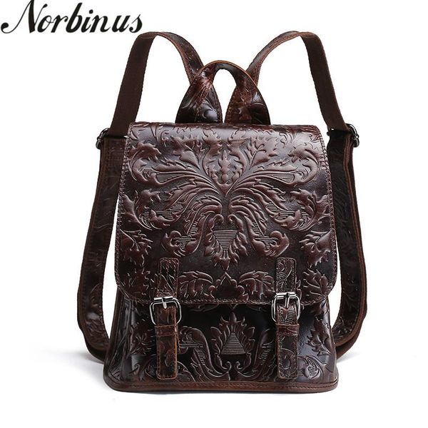 

norbinus women genuine leather backpacks vintage floral daypack school bag for teenager girls female natural leather rucksack