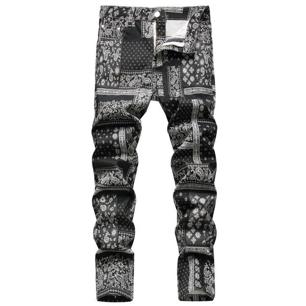 

men's jeans men paisley bandanna printed fashion 3d digital painted stretch denim pants slim straight black trousers, Blue