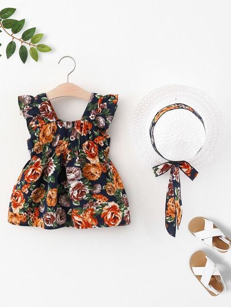

baby floral print ruffle trim dress with hat she02, Red;yellow