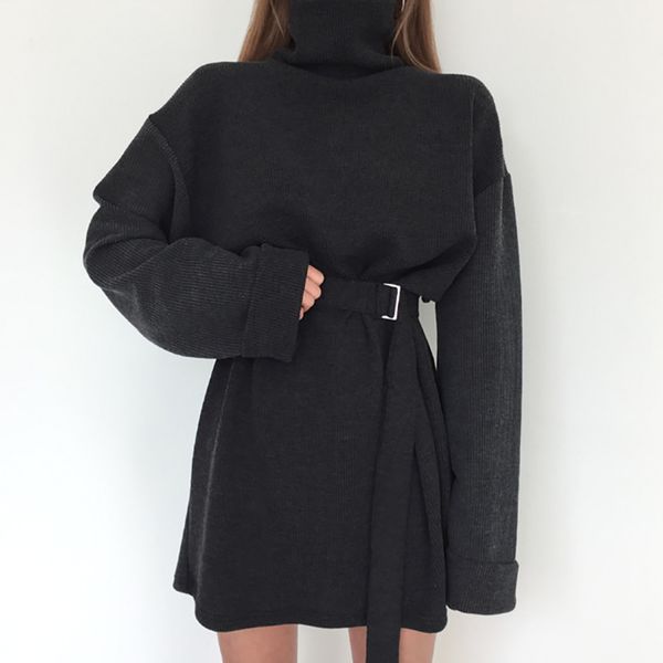 

real sspring women's solid turtleneck long sleeve dress female bandage plus size straight cotton dresses 201022, Black;pink