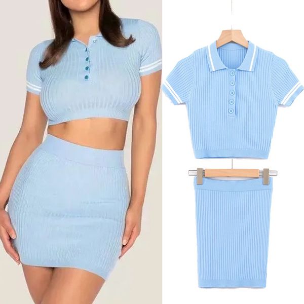 

women designer style two pieces set stretch rib knit high waist skirt + short polo lapel short sleeve t-shirt set women sets size s, White