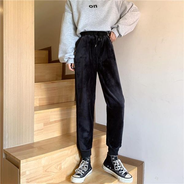 

winter women warm plush home pants thick flannel clothes pajamas pants loungewear 2021 homeware loose velvet joggers harem, Black;white