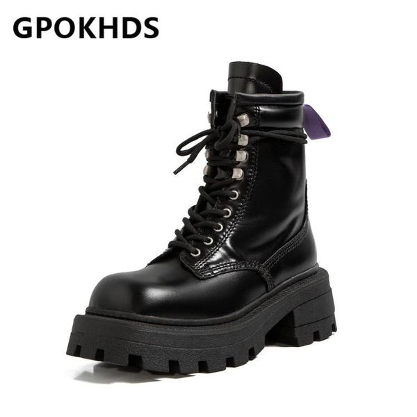 

boots gpokhds 2021 women ankle cow leather winter short plush square toe lace-up platform high heels female riding size 40, Black