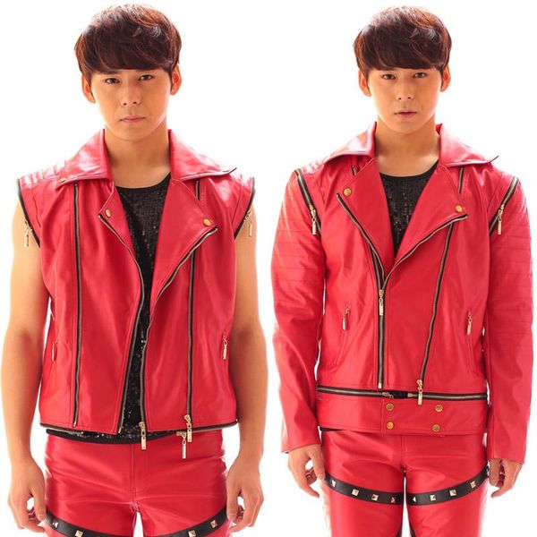

s-6xl nightclub male singer bar metal zipper motorcycle leather jacket punk jacket performance costumes, Black