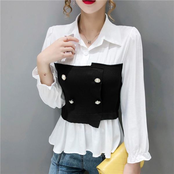 

spring fall korean style fake two pieces blouse chic color blocking patchwork women puff sleeve, White