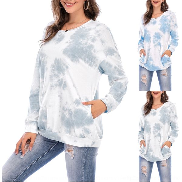 

apnce 2020 новый раунда шея осенью женщин с длинным рукавом tie dye печататься рыхлой кармане 2020 новой осенью футболки длинной шеи галстук, White