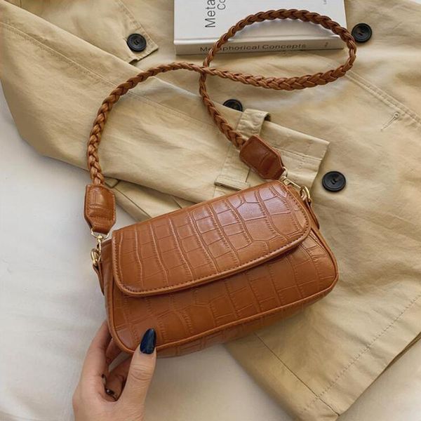 

popular braided strap shoulder bag stone pattern pu leather crossbody bags for women small designer lady handbags and purses