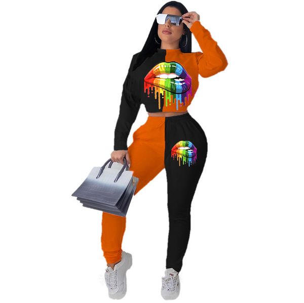 

women tracksuit plus size lips printed long sleeves sweatshirt pullover leggings tights fashion two piece set outfit sports suit e101503, White