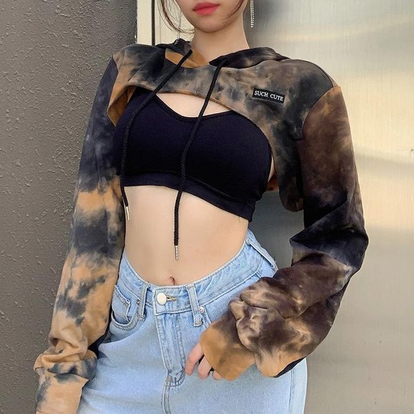 

tie dye loose crop hoodie letter embroidered long sleeve gothic sweatshirt autumn pullover women smocked sudadera mujer, Black