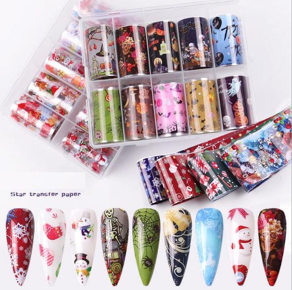 Chrismas Autocolantes 10 Rolls Nail Folhos Misturados Nail Art Adesivos Colorido Folha De Transferência Borboleta Borboleta Decalques Adesivos Decalques Decoração Decoração