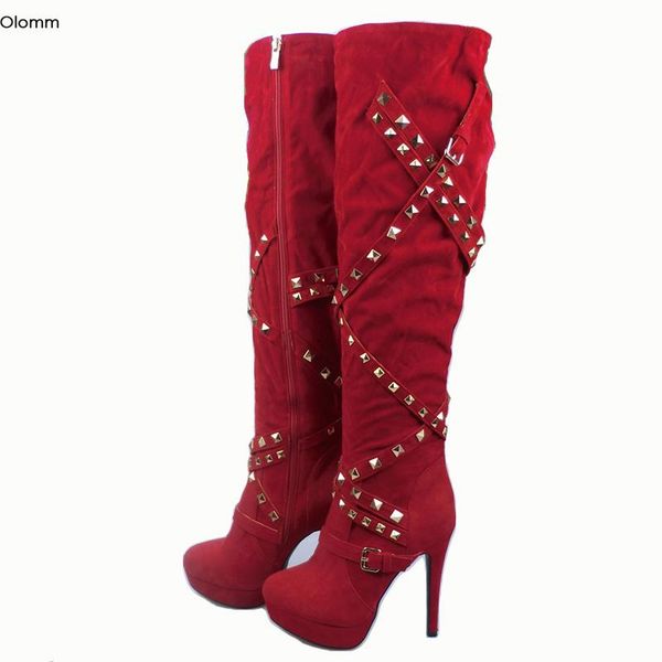 

olomm женщины платформа колено высокие сапоги sexy stud тонкие высокие каблуки круглый toe великолепная 6 цветов партии обувь женщины плюс р, Black