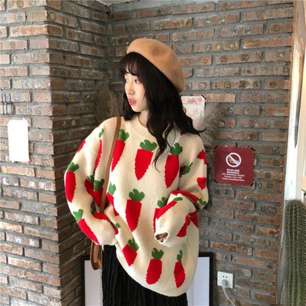 

women's cozy carrot print sweater cute cartoon crew neck long sleeve oversized pullover jumper fall winter knit, White;black
