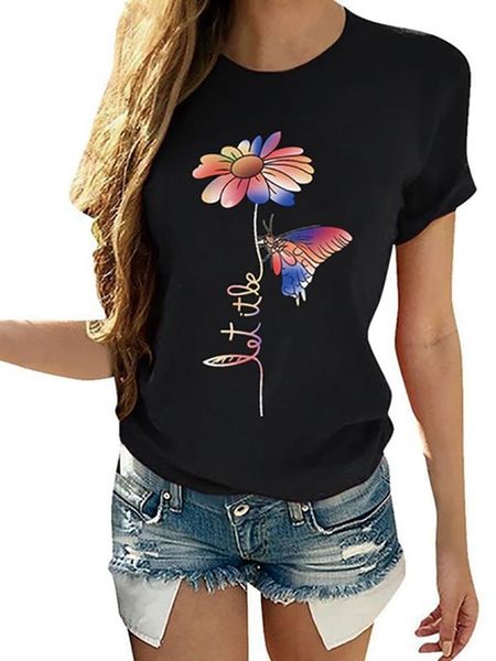 

colorful flowers butterfly printing t-shirts women summer graphic tees aesthetic woman tshirts cotton o neck ladies femme, White