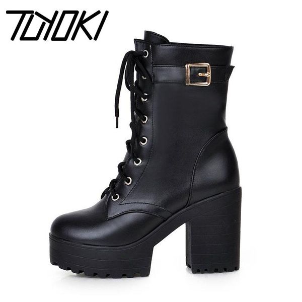 

tuyoki mid теленок boots black winter casual мотоциклов платформы высокие каблуки осень круглый toe панк обувь женская обувь размер 34-43