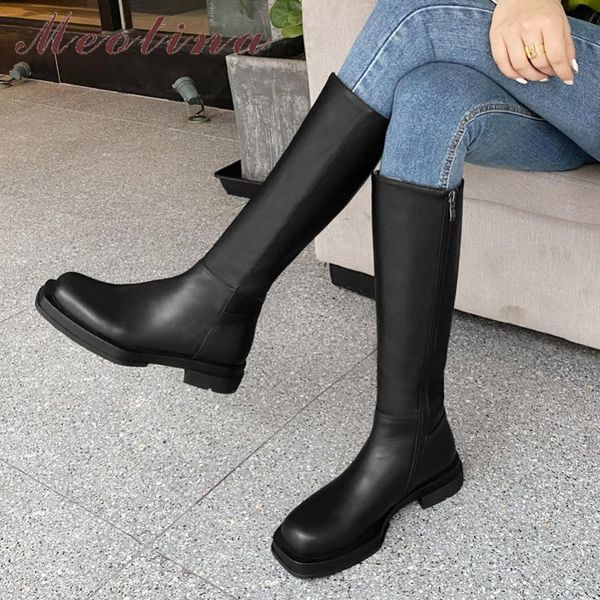 

boots meotina riding women shoes genuine leather platform flats long round toe zipper knee high autumn winter black