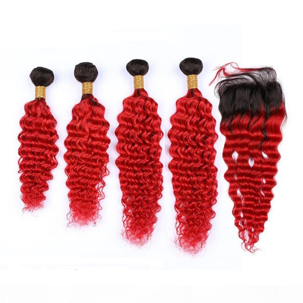 

indian ombre bright red human hair deep wave 4bundles with closure 5pcs lot #1b red ombre hair weaves with lace front closure 4x4, Black