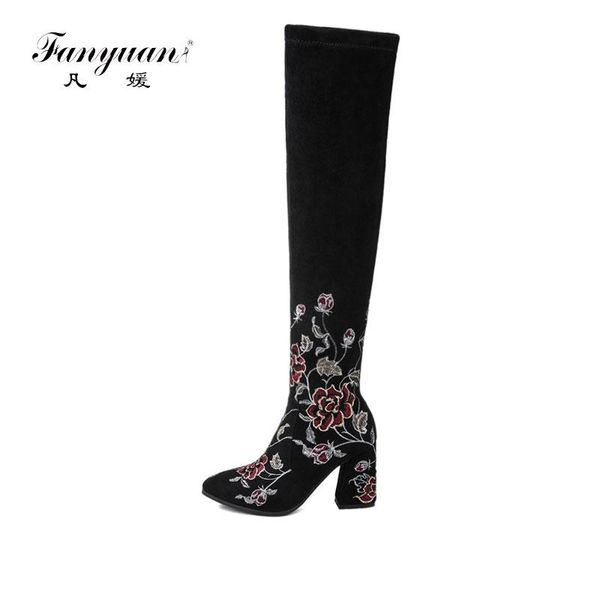 

fanyuan new arrive over knee boots women fashion winter boots woman shoes autumn zip thick heel thigh high embroider boot, Black