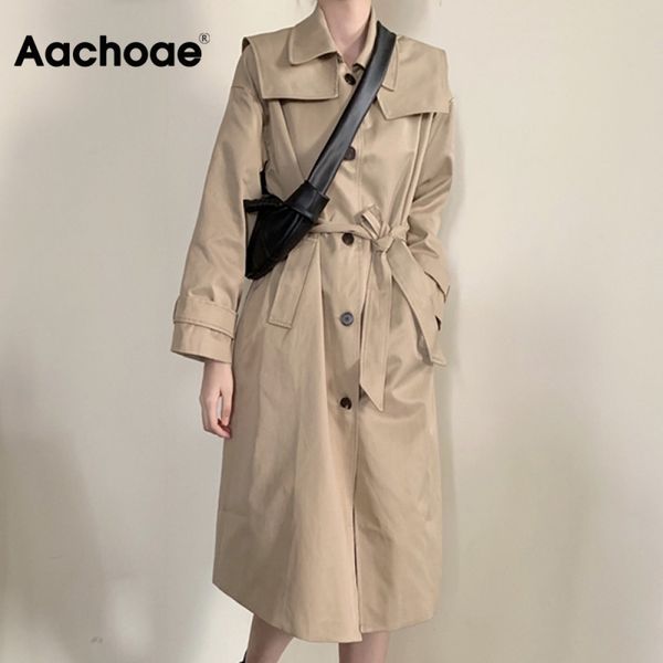 

aachoae casual trench coat 2020 long windbreaker women korean single breasted coat with belt solid long sleeve pockets outerwear 1026, Tan;black