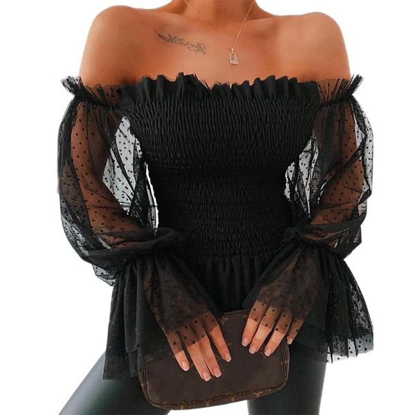 

women's slash neck solid color off shoulder polka dot blouse mesh sheer see through long puff sleeve ruched chiffon, White
