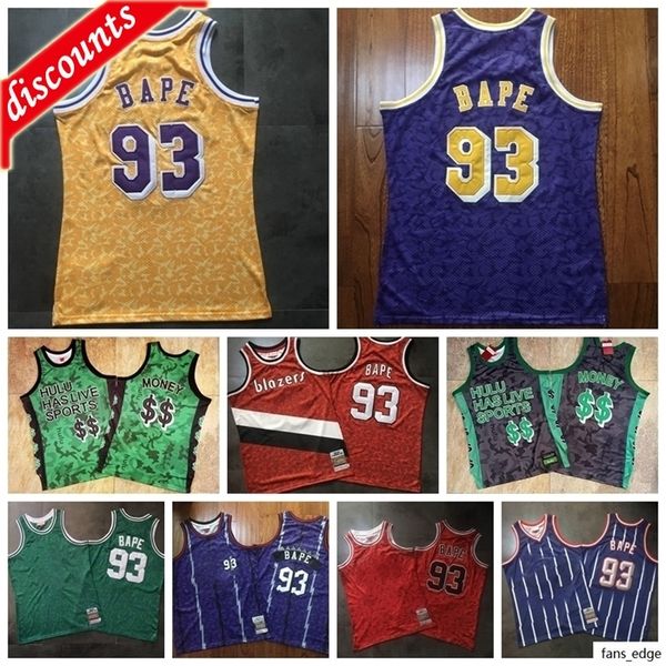 

men 93 bapexmitchell & ness green purple yellow red 1982 83 classics double embroidered jersey s-3xl, Black;red