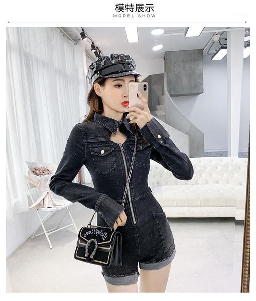 

2019 spring and summer new long sleeves stretch slim zipper jumpsuit women's korean casual bib shorts women jumpsuit1, Black;white