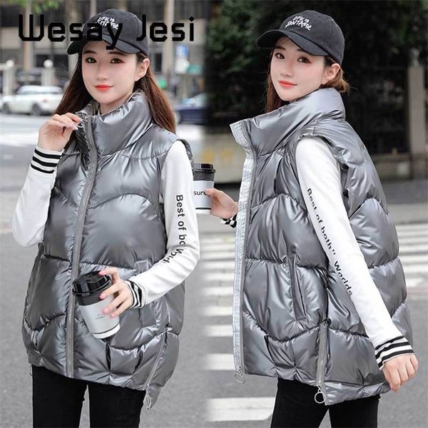 

glossy autumn winter female vest coat casual shiny fabric waistcoat women thick warm waterproof sleevless lady jacket plus size lj201021, Black;white